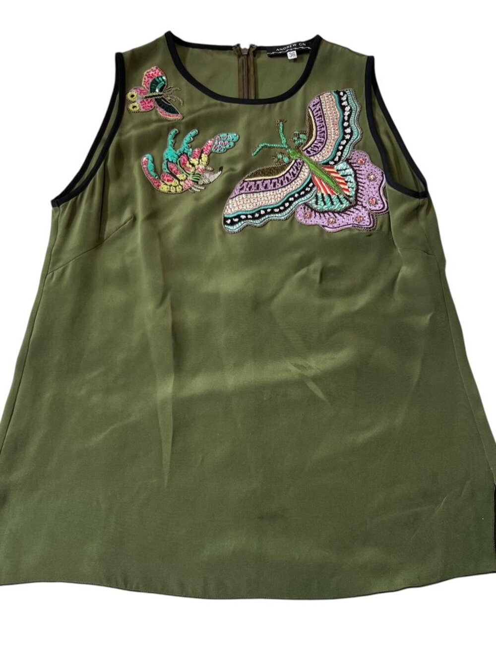 Andrew GN sleeveless top olive green black trim sequin moth butterfly size 4